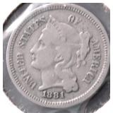 1881 3 CENT PIECE VF