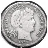 1911 D BARBER DIME VG