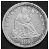 1858 SEATED QUARTER AU