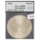 1974 ICG MS 68 WORLD TRADE 1 OZ SILVER