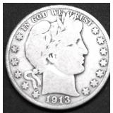 1913 S BARBER HALF DOLLAR F