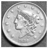 1838 LARGE CENT XF