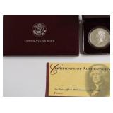 PROOF THOMAS JEFFERSON SILVER DOLLAR W BOX PAPERS