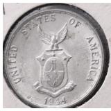 1944 D CHOICE BU US PHILIPPINES SILVER 20 CENTS