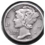1943 D MERCURY DIME  VF