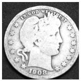 1908 S BARBER QUARTER VG