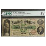 1862 PMG F 15 5 $ US LEGAL TENDER