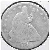 1858 SEATED HALF DOLLAR VG