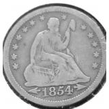1854 SEATED QUARTER VG