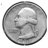 1938 S WASHINGTON QUARTER VF