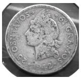 1942 DOMINICIAN REPUBLIC SILVER 25 CENTS VF