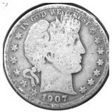 1907 D BARBER HALF DOLLAR VG