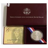 THOMAS JEFFERSON SILVER DOLLAR W BOX PAPERS