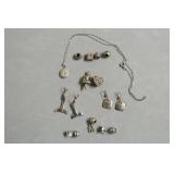 STERLING NECKLACE, EAR RINGS AND CHARMS