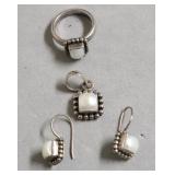 STERLING SILVER EAR RINGS, RING AND PENDANT