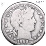 1908 D BARBER HALF DOLLAR VG