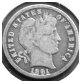 1901 BARBER DIME VG