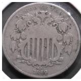 1869 SHEILD NICKEL F
