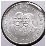 1960 GEM BU MEXICO SILVER 10 PESOS