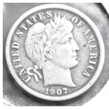 1907 BARBER DIME VF