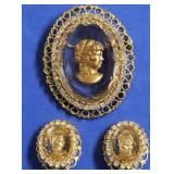 GLASS CAMEO BROACH WITH EAR RINGS