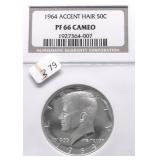 1964 NGC PF66 CAMEO ACCENTED HAIR KENNEDY HALF DOL