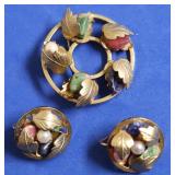 MULTI STONE BROACH AND EAR RINGS