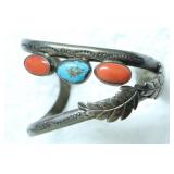 STERLING CORAL/TURQUOISE CUFF BRACELET