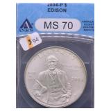 2004 P ANACS MS70 EDISON SILVER DOLLAR