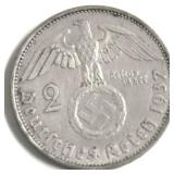 1937 NAZI GERMANY SILVER 2 MARKS XF
