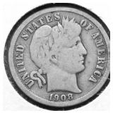 1908 D BARBER DIME VG