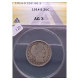 1914 S ANACS AG3 BARBER QUARTER