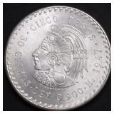 1947 MEXICO SILVER 5 PESOS GEM BU
