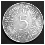1951 GERMAN EMPIRE SILVER 5 MARKS VF