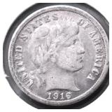 1916 S BARBER DIME XF
