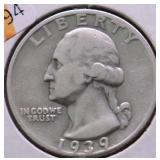 1939 S WASHINGTON QUARTER VF