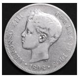 1898 SPAIN SILVER 5 PESOS VG