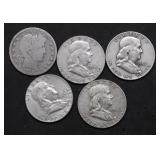 4 FRANKLIN / 1 BARBER HALF DOLLARS