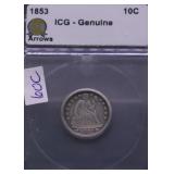 1853 ICG GENUINE ARROWS DIME