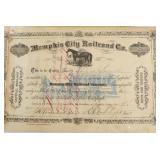 MEMPHIS CITY RAIL ROAD STOCK CERTIFICATE AU   1876