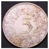 1967 GERMAN EMPIRE SILVER 5 MARKS XF