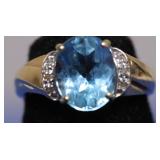 14K GOLD SWISS BLUE TOPAZ DIAMOND RING  SZ 4.5