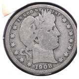 1908 D BARBER QUARTER VG