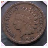 1908 S INDIAN HEAD CENT VF