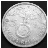 1939 NAZI GERMANY SILVER 5 MARKS XF