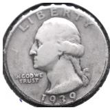 1939 S WASHINGTON QUARTER VF
