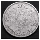1931 LATVIA SILVER 5 LATI VF