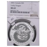2021 NGC MS69 CANADA LUCKY DRAGON 1 OZ .9999 SILVE