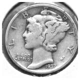 1937 S MERCURY DIME VF