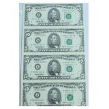 UNCUT SHEET OF 5$ FEDERAL RESERVE NOTE